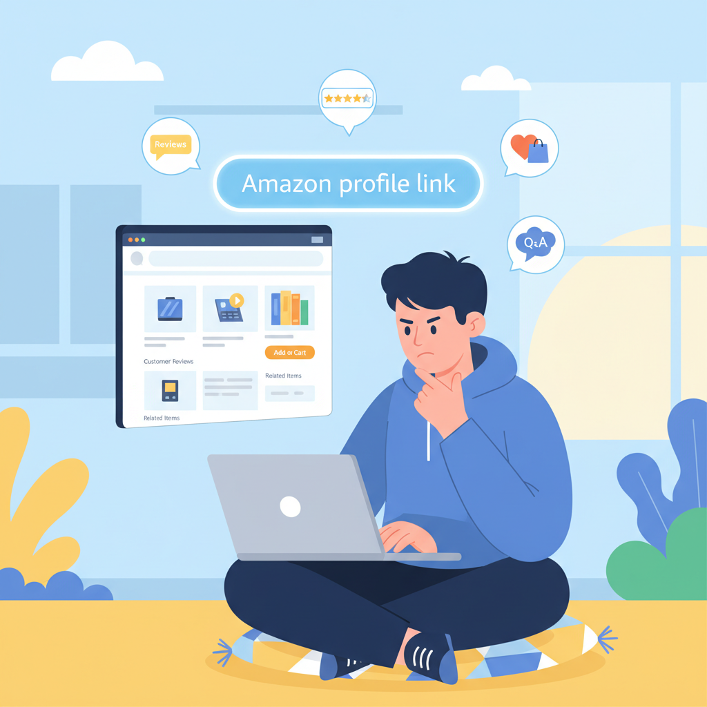Illustration of a person at a laptop looking for their Amazon profile link, with reviews and wishlists icons around the screen