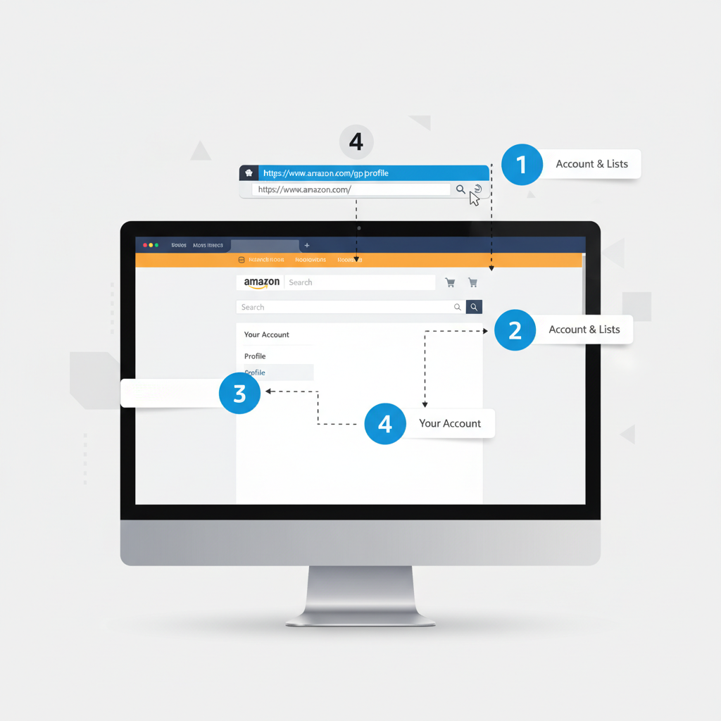 Infographic-style view of Amazon desktop page showing where to access profile, reviews, and wishlists