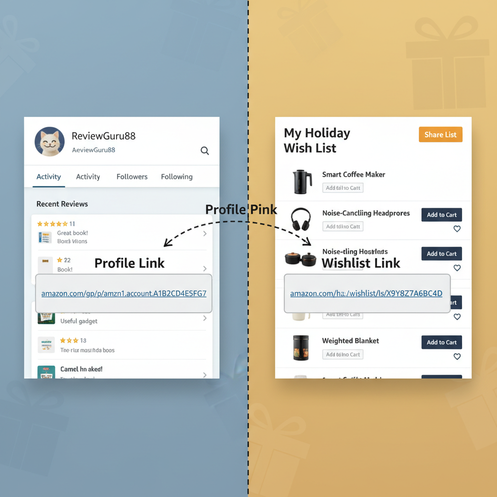 Amazon-style profile editing screen with fields for public name, photo, and privacy toggles for reviews and wishlists