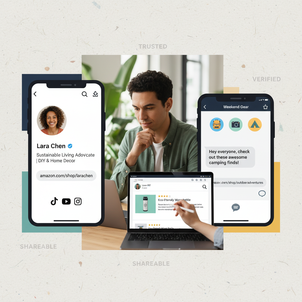 Collage of social bios, a brand rep checking Amazon reviews, and a group chat where an Amazon profile link is shared