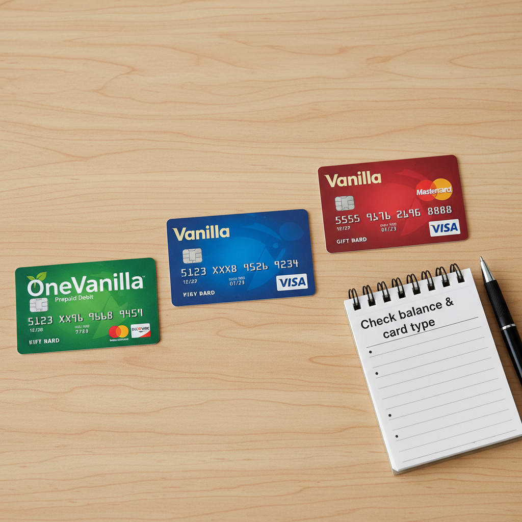 Different types of Vanilla-branded cards arranged on a desk next to a check balance notepad