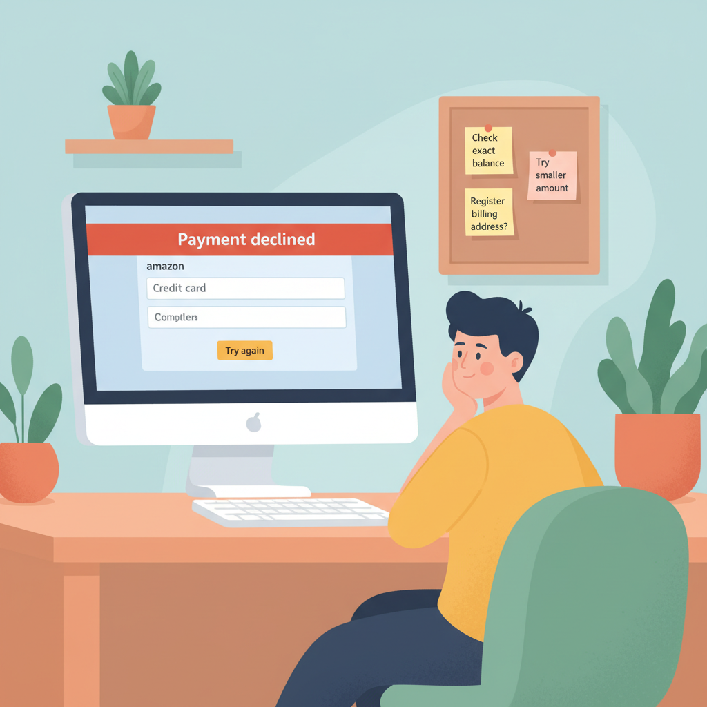 User seeing a payment declined message on Amazon with sticky notes of troubleshooting tips