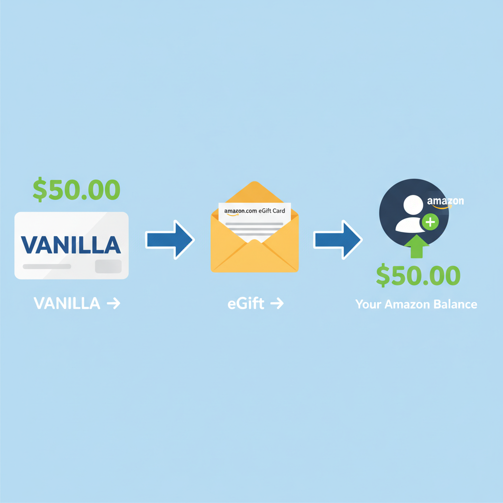 Infographic showing Vanilla card being converted into an Amazon eGift Card and then account balance
