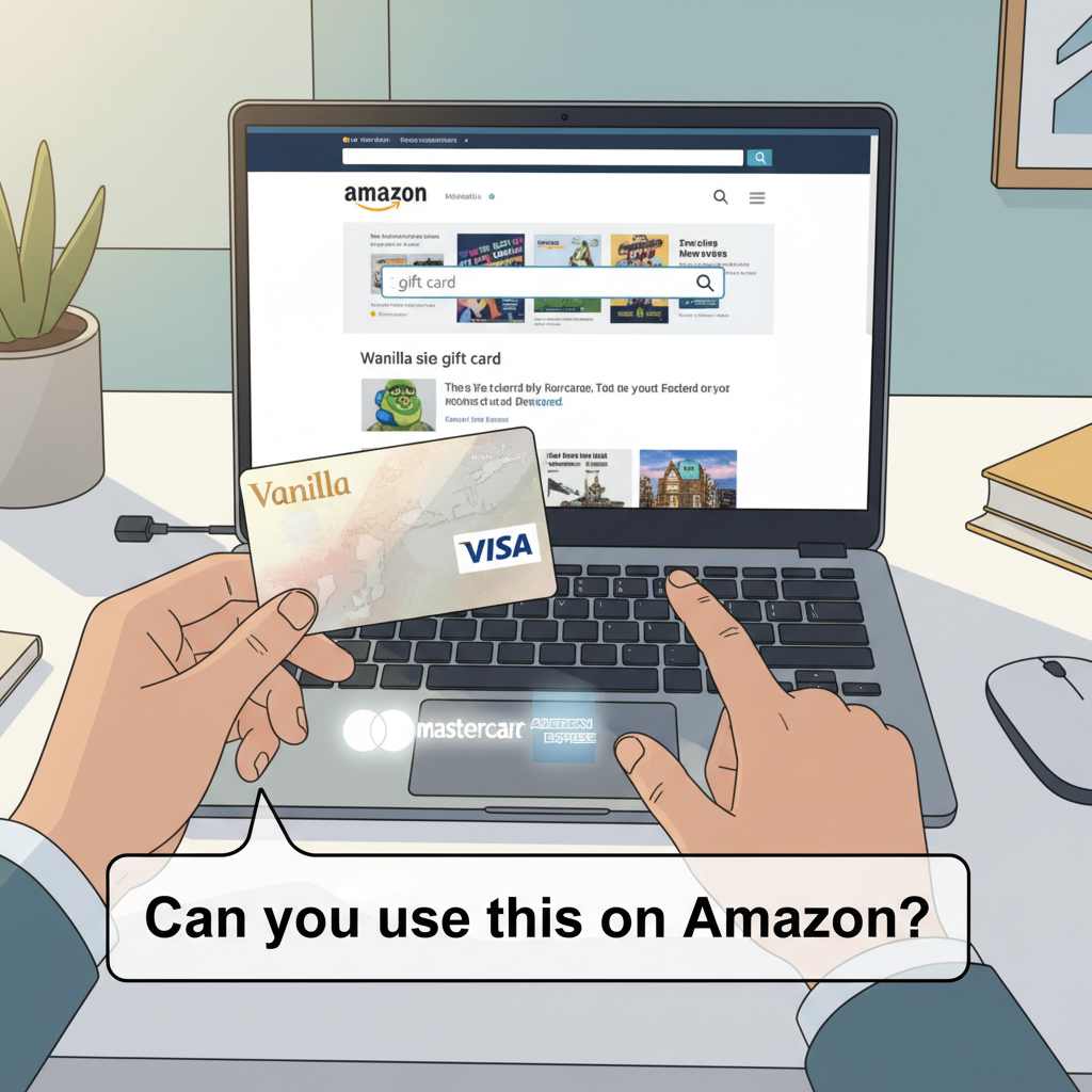 Person holding a Vanilla Visa gift card while viewing the Amazon website on a laptop