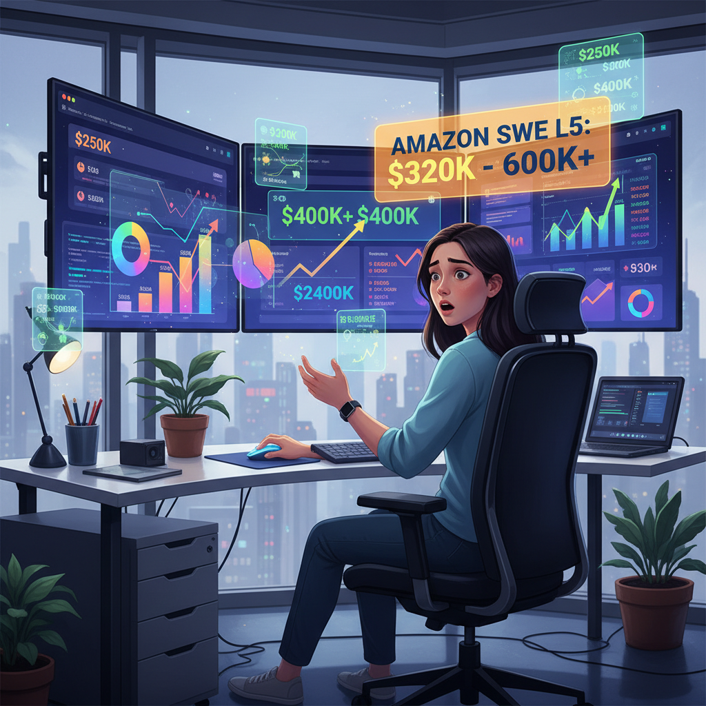 Software engineer reacting to Amazon compensation numbers on multiple monitors with charts