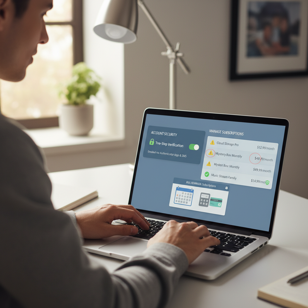 Person enabling two-step verification and reviewing Amazon subscriptions to prevent fraud and surprise charges