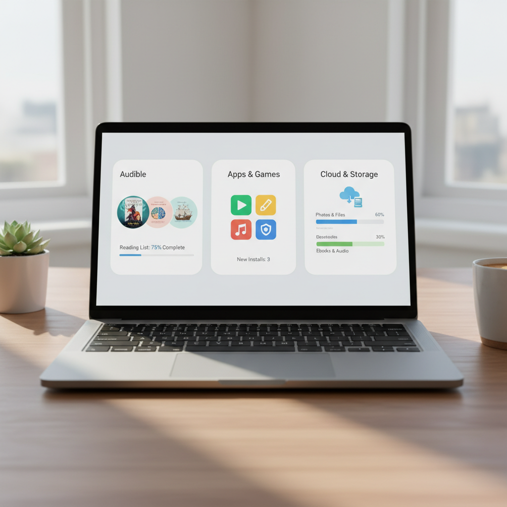 Amazon account UI illustration connecting statement charges to digital orders and subscriptions