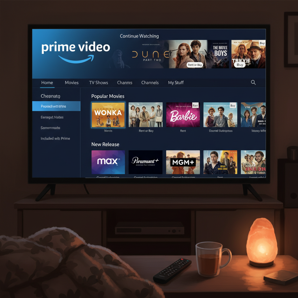 Prime Video streaming interface on a TV with movie rows and channel subscriptions like Max and Paramount+