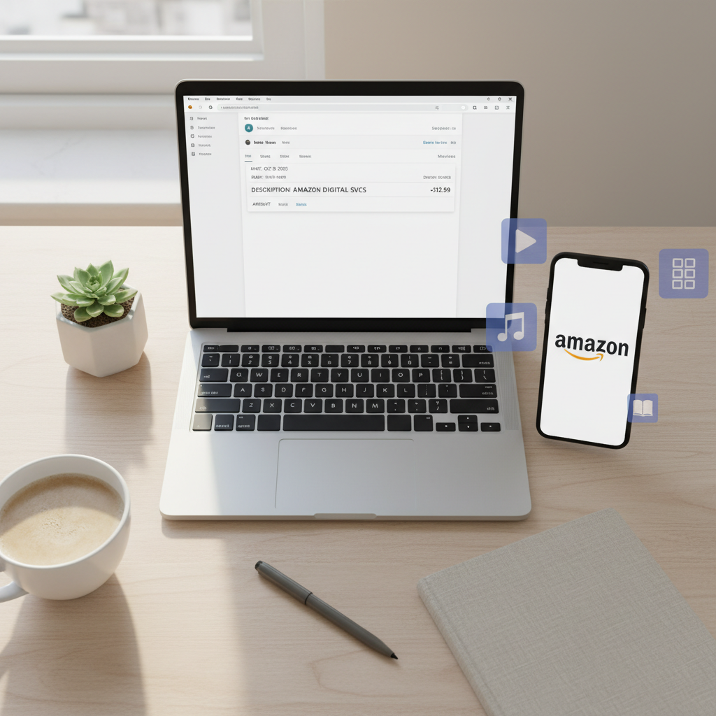 Online bank statement showing an Amazon Digital Svcs charge next to a smartphone with Amazon and digital icons