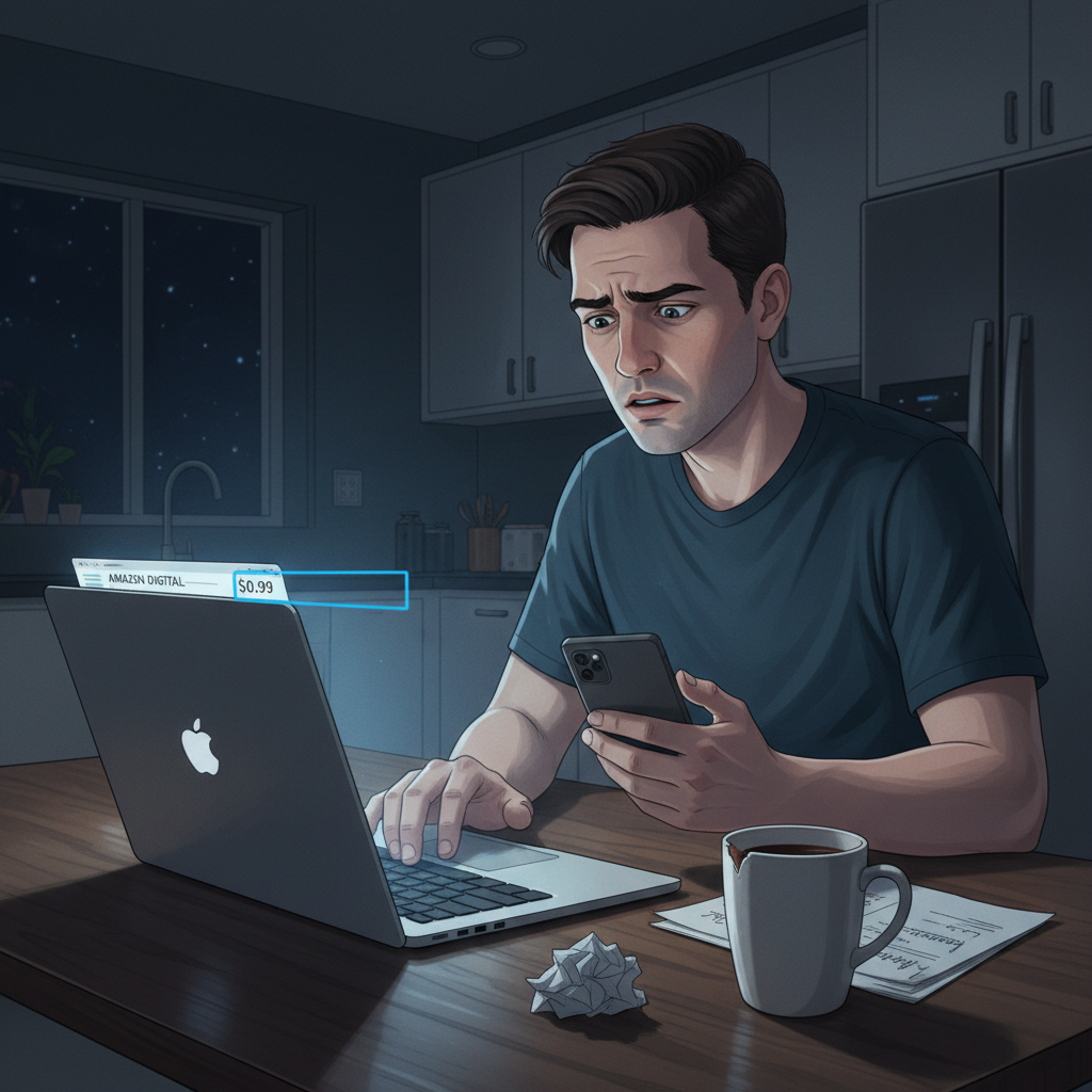 Person reviewing bank statement with an Amazon Digital charge highlighted