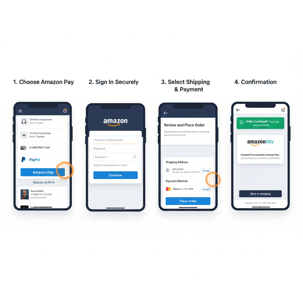 Infographic showing how Amazon Pay connects your Amazon account to third-party online stores