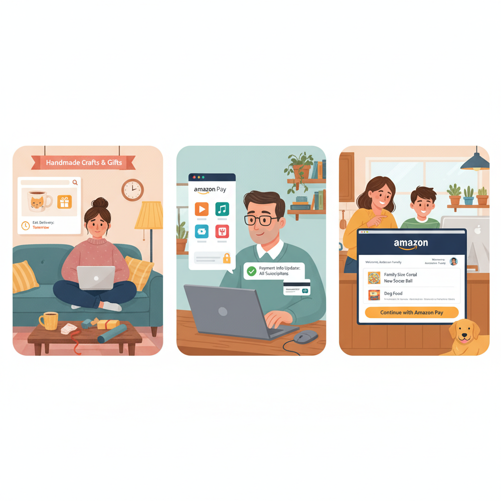 Lifestyle illustration of different real-world use cases of Amazon Pay for gifts, subscriptions, and shared accounts