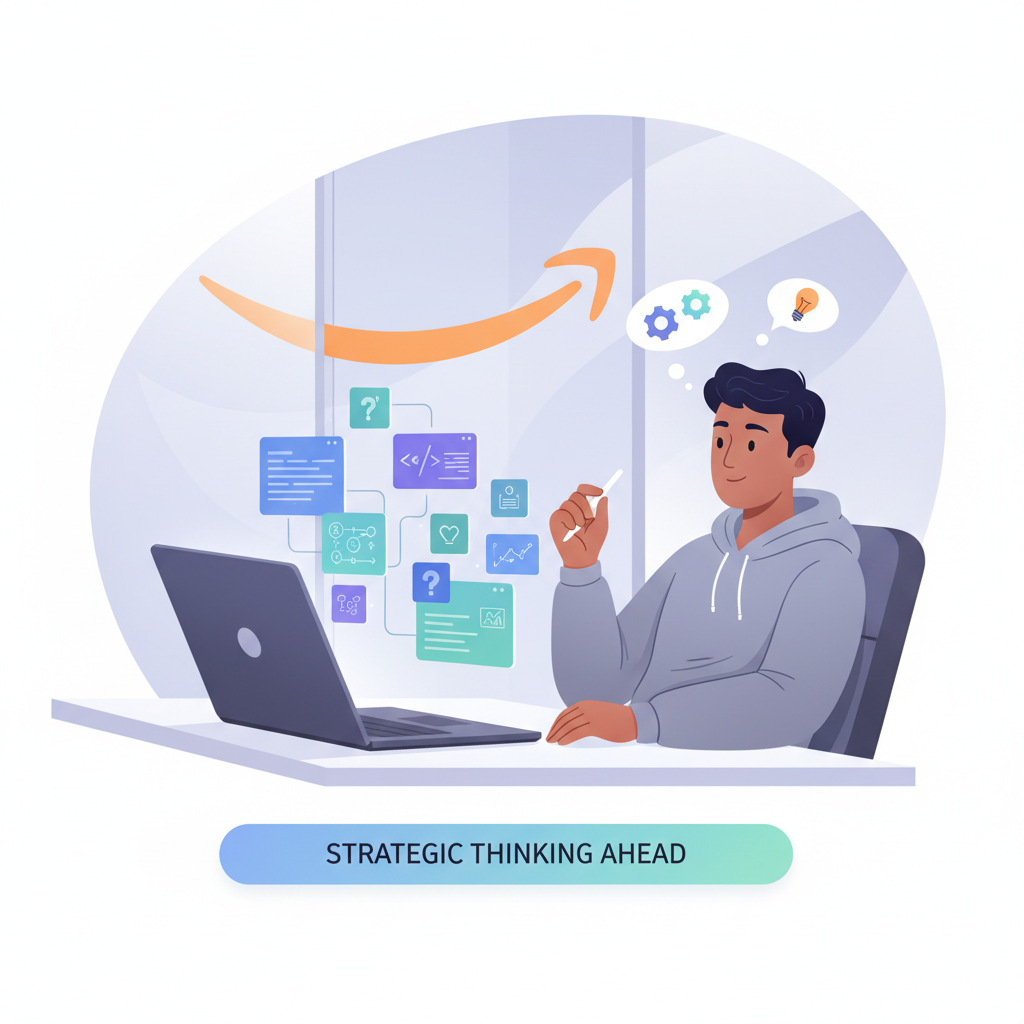 Candidate calmly preparing for an Amazon online assessment at a laptop with floating question cards