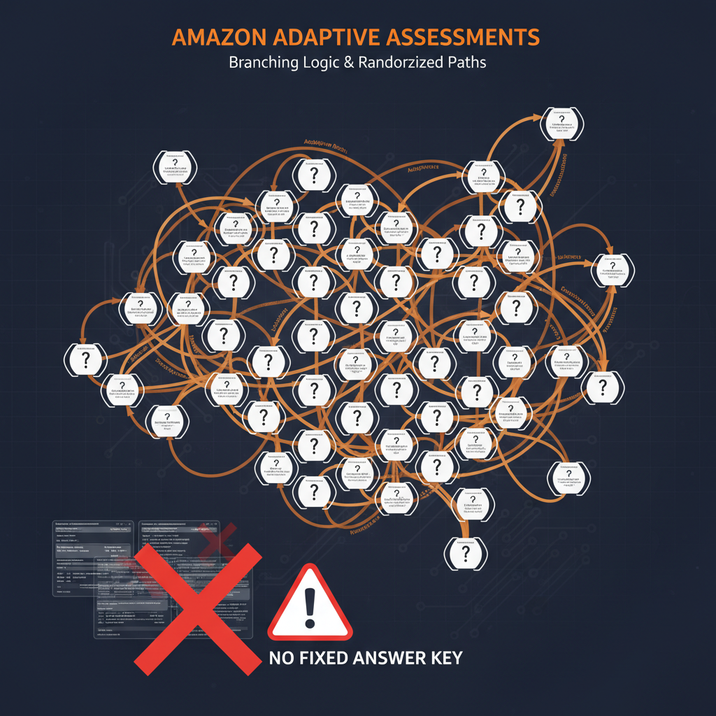 Branching question bank graphic showing randomized and adaptive Amazon assessment questions