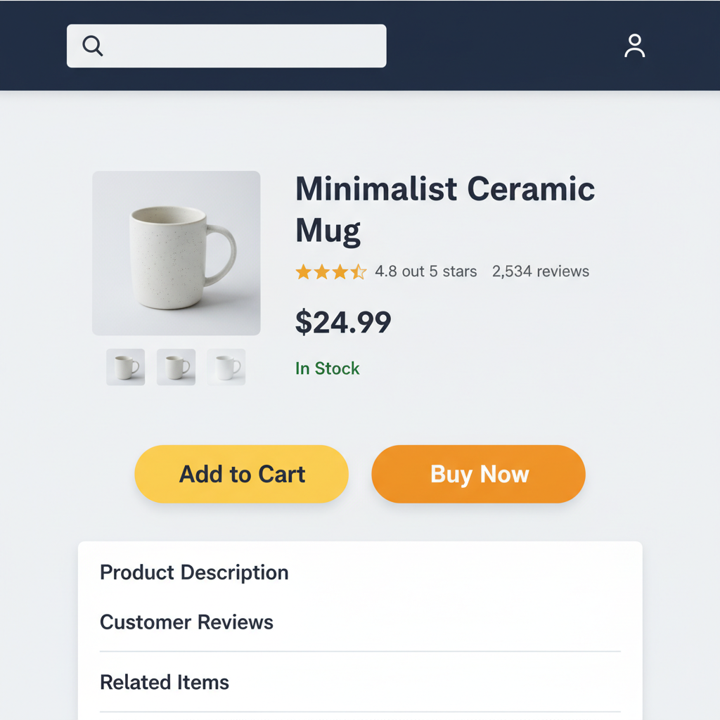 Amazon-inspired e-commerce product page with bold yellow and orange CTA buttons on a calm neutral layout