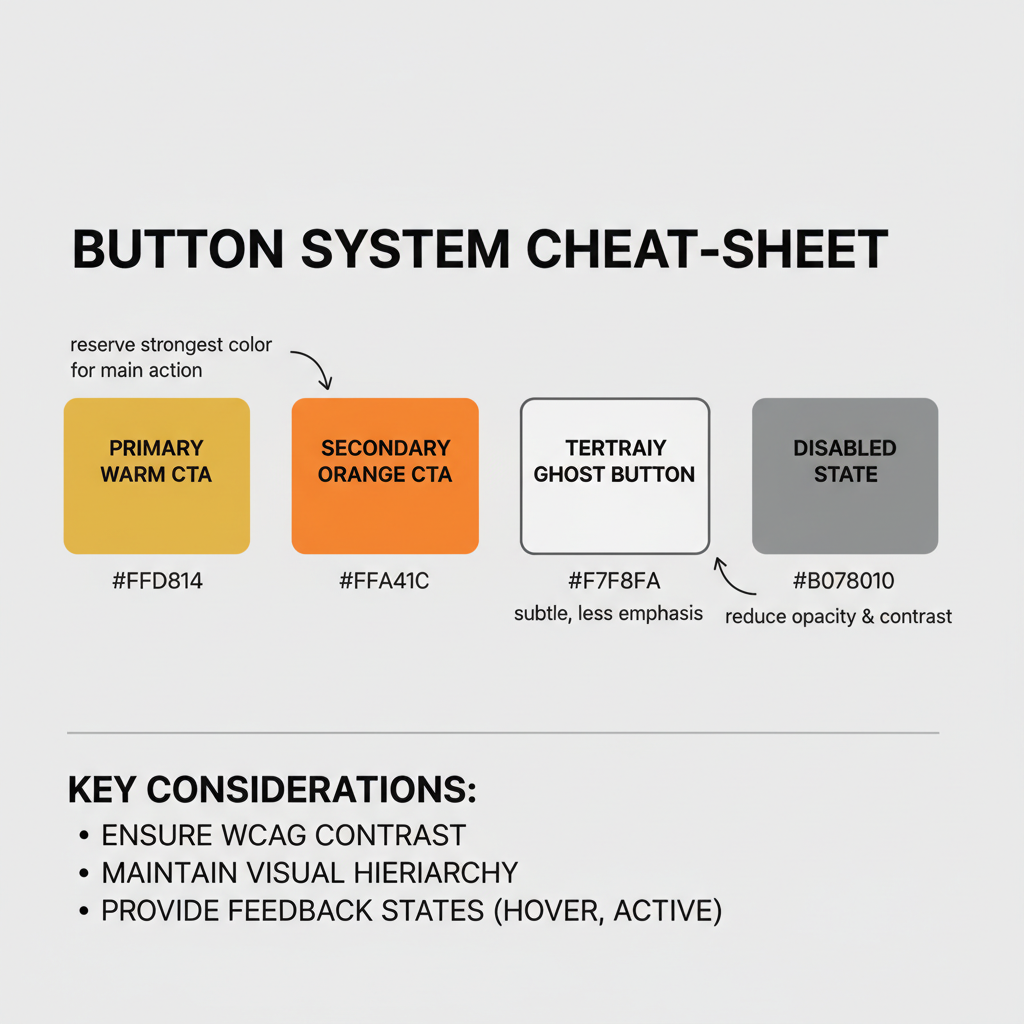 UX cheat-sheet infographic showing primary, secondary, tertiary and disabled button styles with hex codes