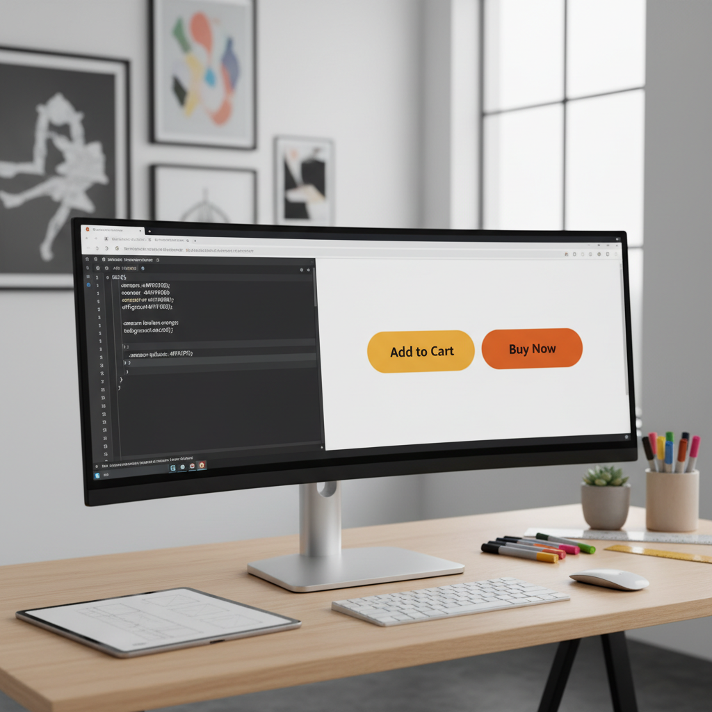 Component sheet of Amazon-inspired buttons showing shape, padding and labels like Add to Cart and Buy Now