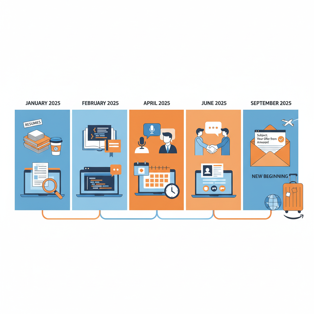 Timeline from January to September 2025 with resumes, coding prep, interviews, and co‑op offer