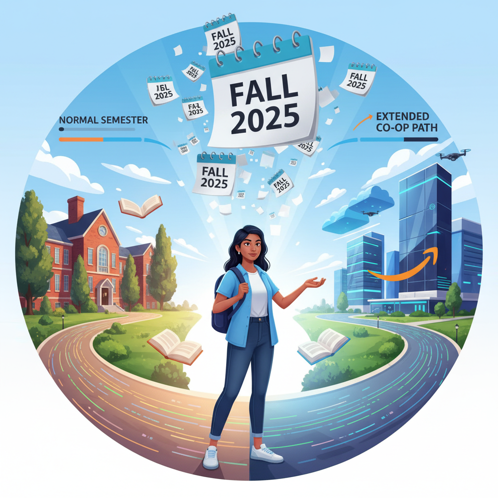 Student standing between university campus and Amazon office, choosing a Fall 2025 co‑op path