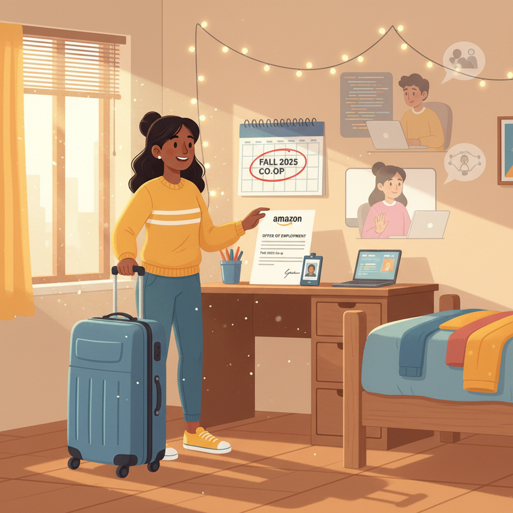 Split view of Amazon SDE and operations co‑op day in the life, from standups to fulfillment center walks