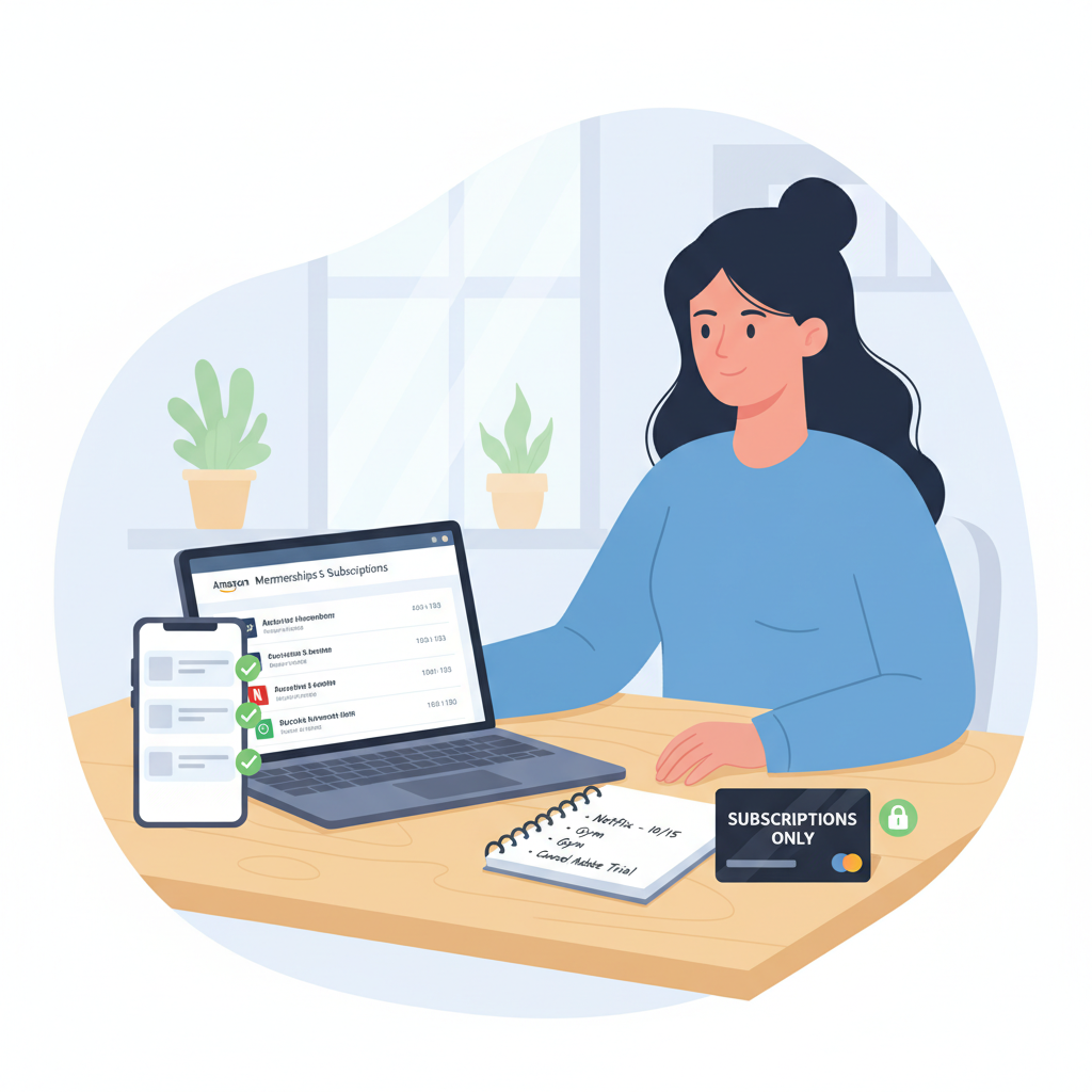 Person managing Amazon subscriptions, bank alerts, and a dedicated card for subscriptions