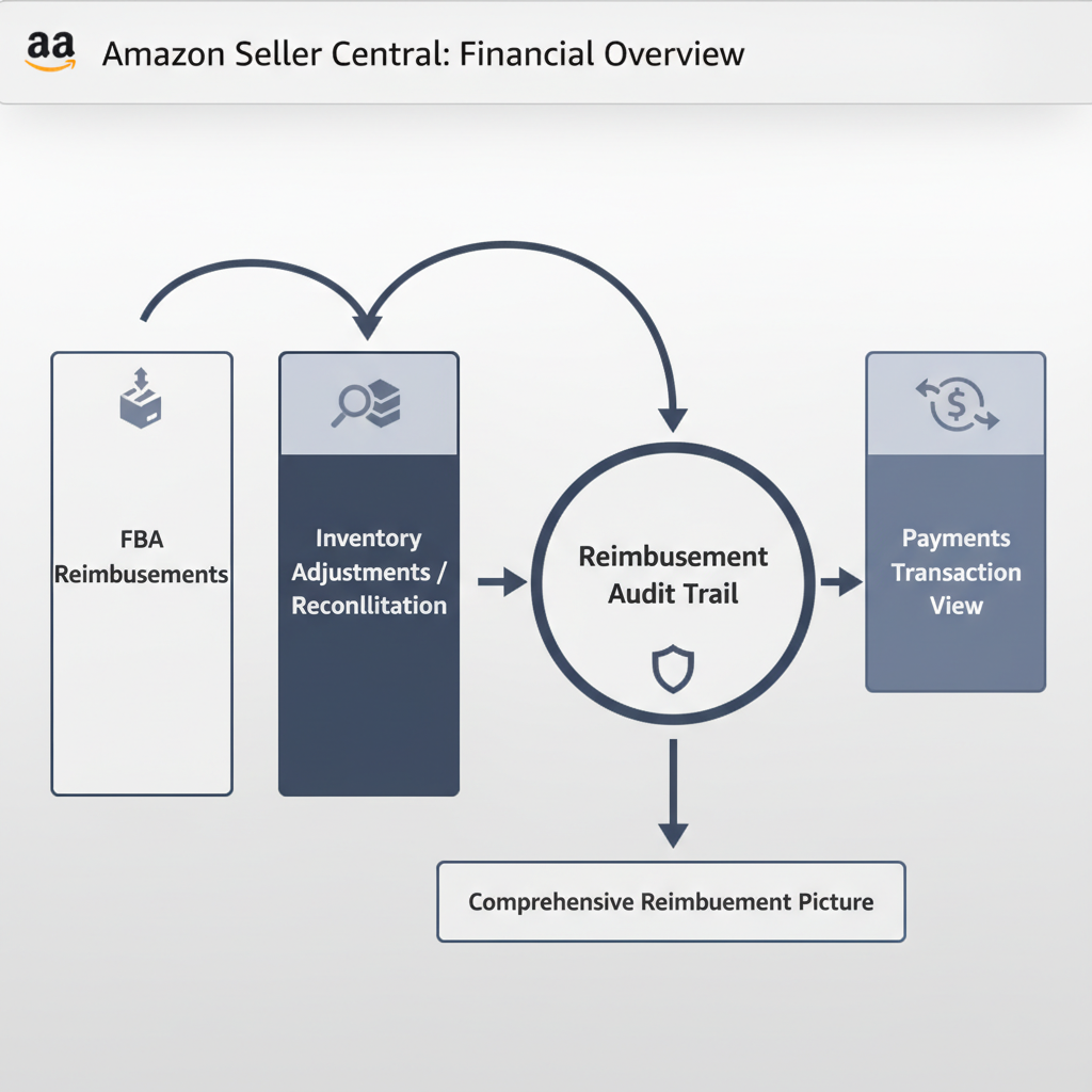 Diagram showing FBA Reimbursements, Inventory Adjustments and Payments views feeding into a central reimbursement audit trail