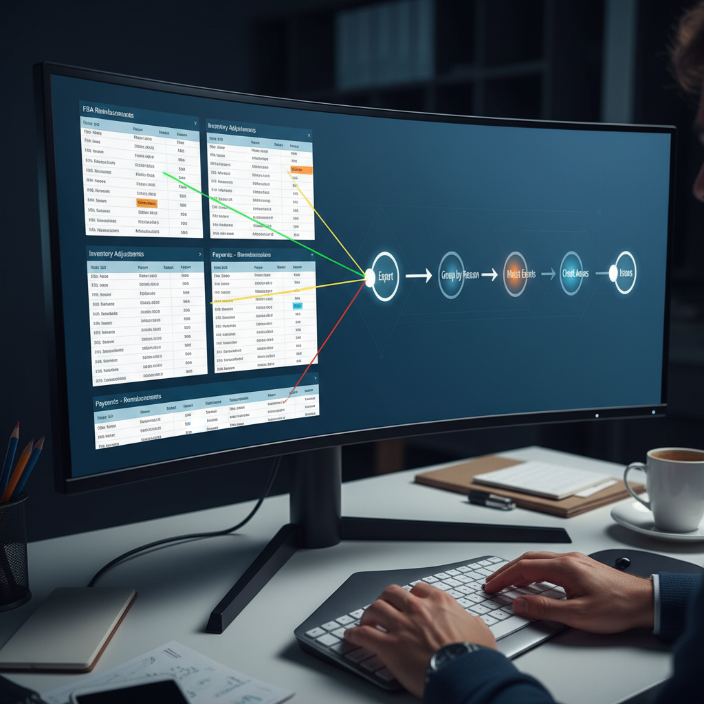 Spreadsheet and analytics view showing matched Amazon reimbursement and inventory reports with a step-by-step workflow