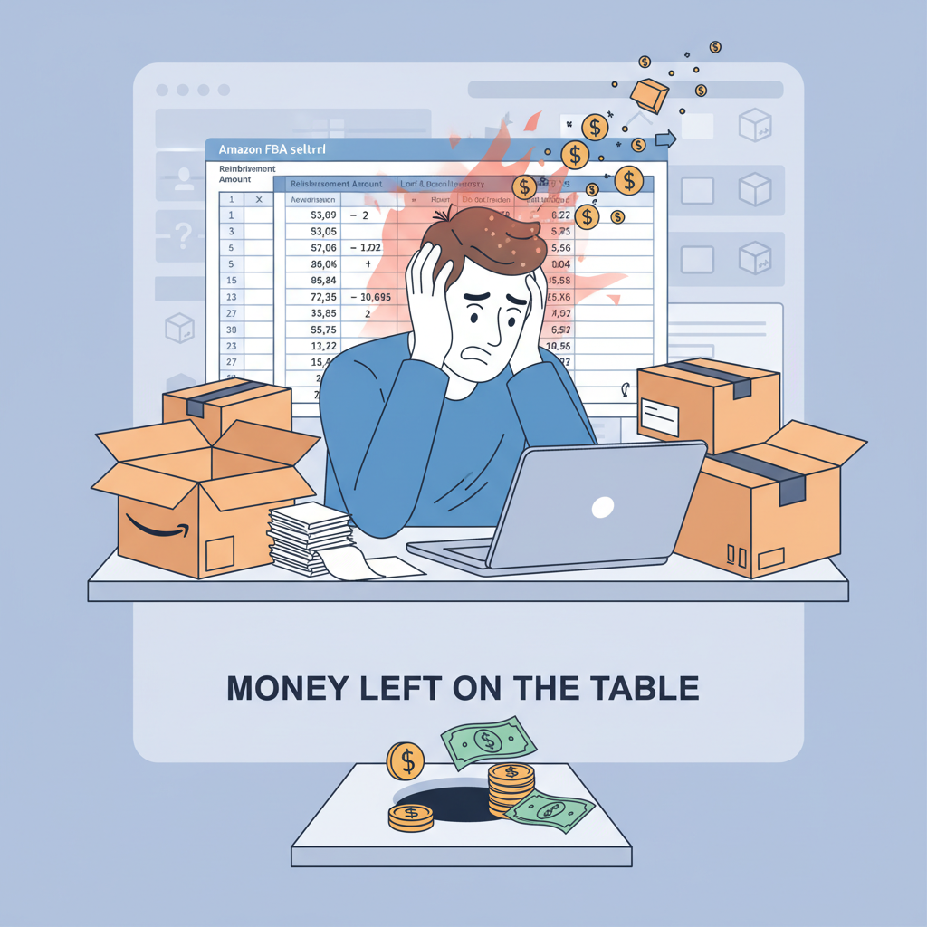 Frustrated Amazon FBA seller surrounded by boxes and confusing reimbursement numbers, representing Amazon mistakes and money left on the table