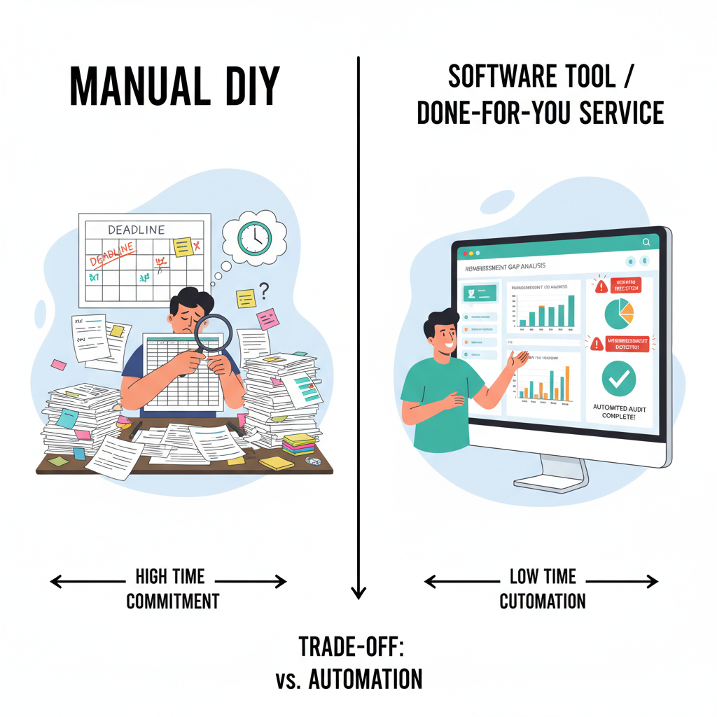 Side by side comparison of manual reimbursement audits versus automated tools and services