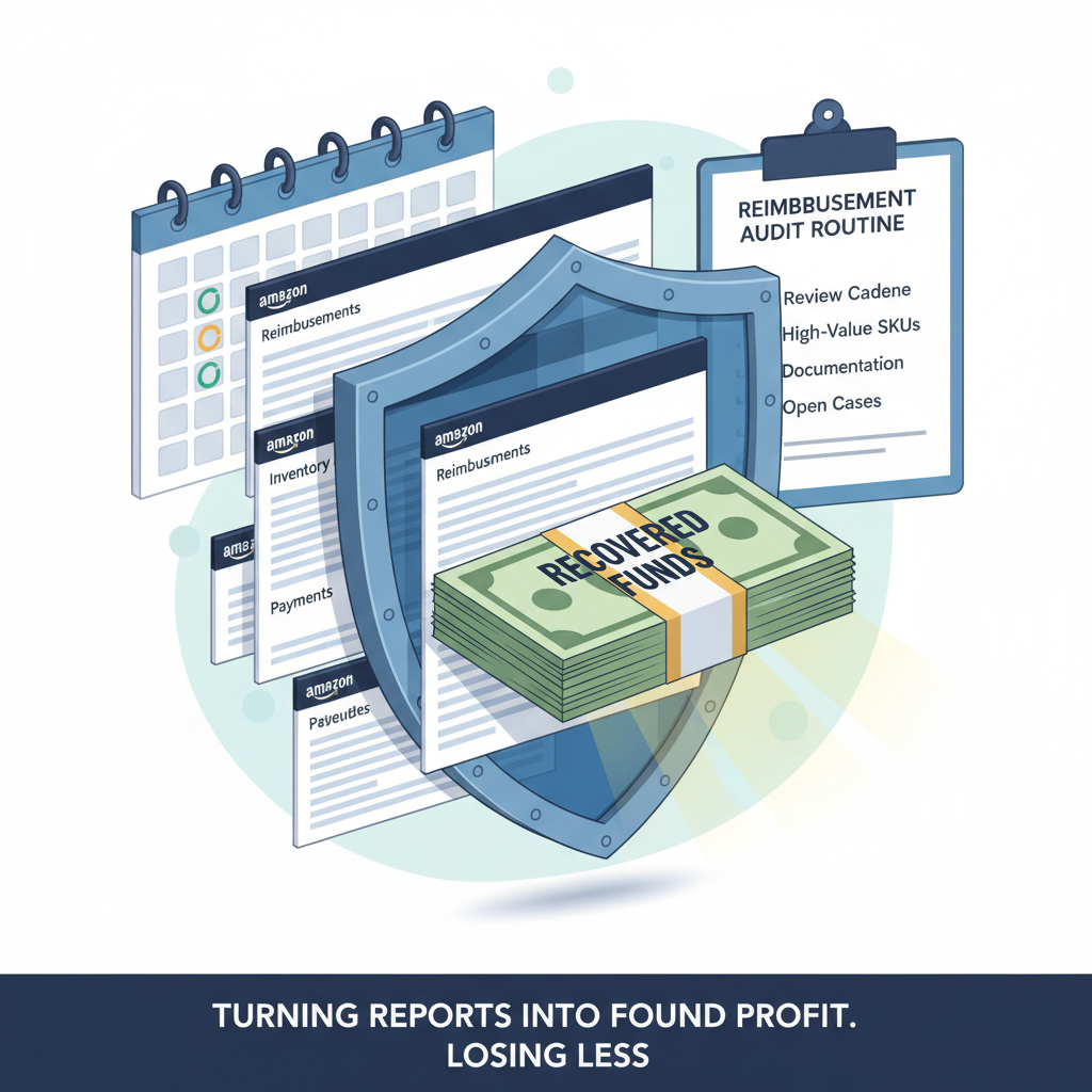 Profit protection concept with Amazon reports as a shield guarding recovered funds and a reimbursement audit checklist