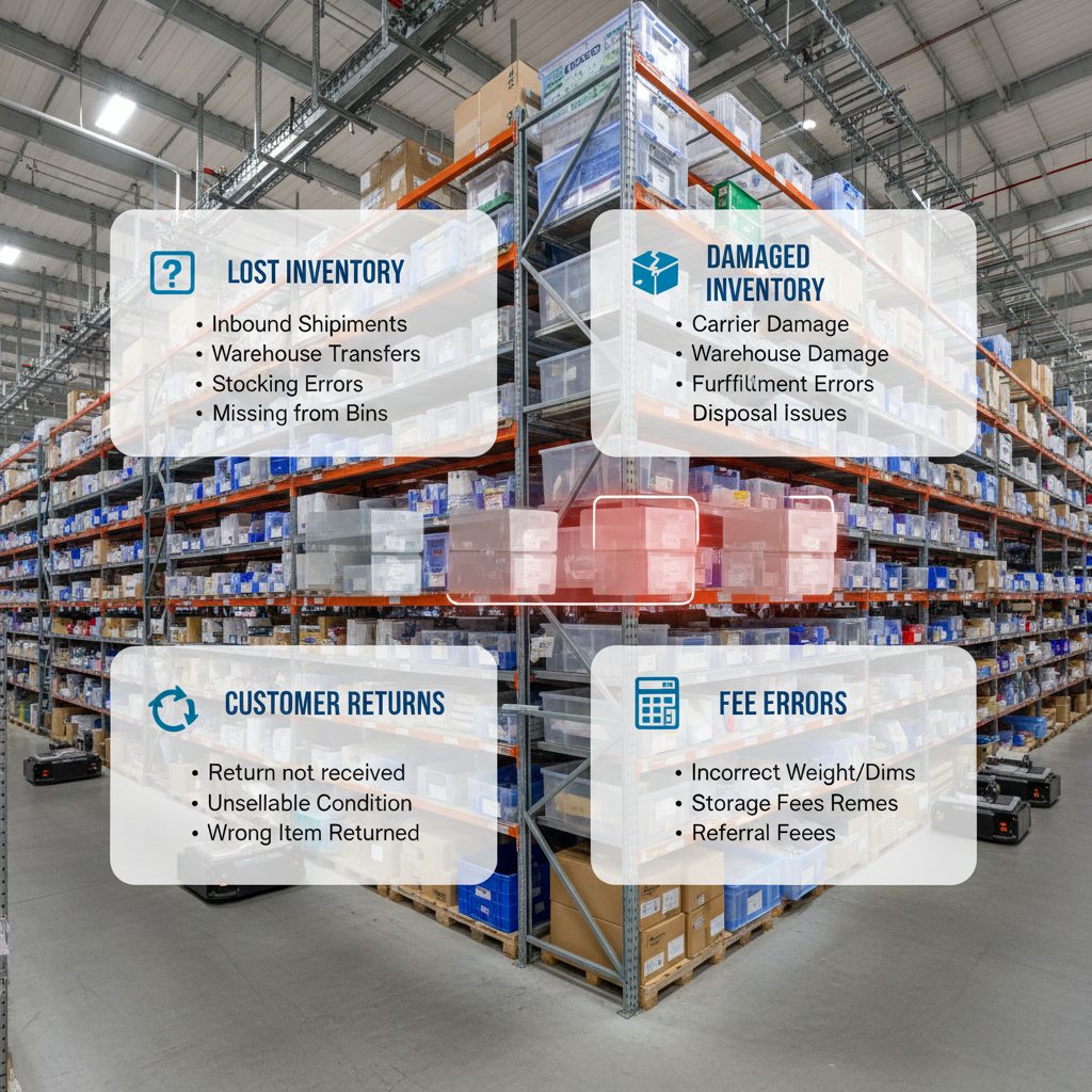 Amazon-style warehouse scene highlighting lost and damaged units with callouts for reimbursement types
