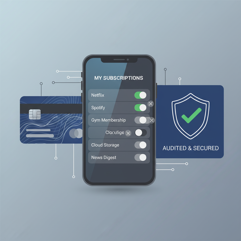 Security and subscription control concept with card, phone, and shield icon