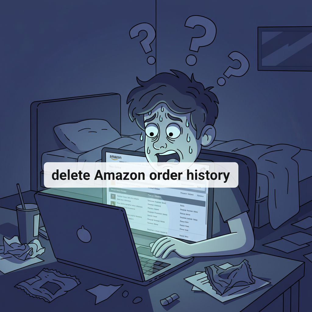 Person late at night anxiously staring at laptop showing Amazon order history search for delete