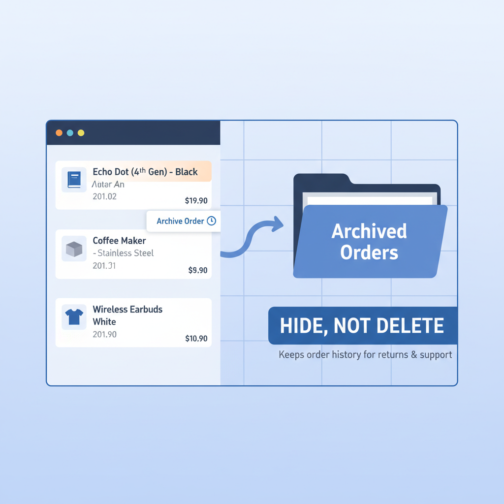 Infographic showing Amazon orders being moved into an Archived Orders drawer instead of deleted