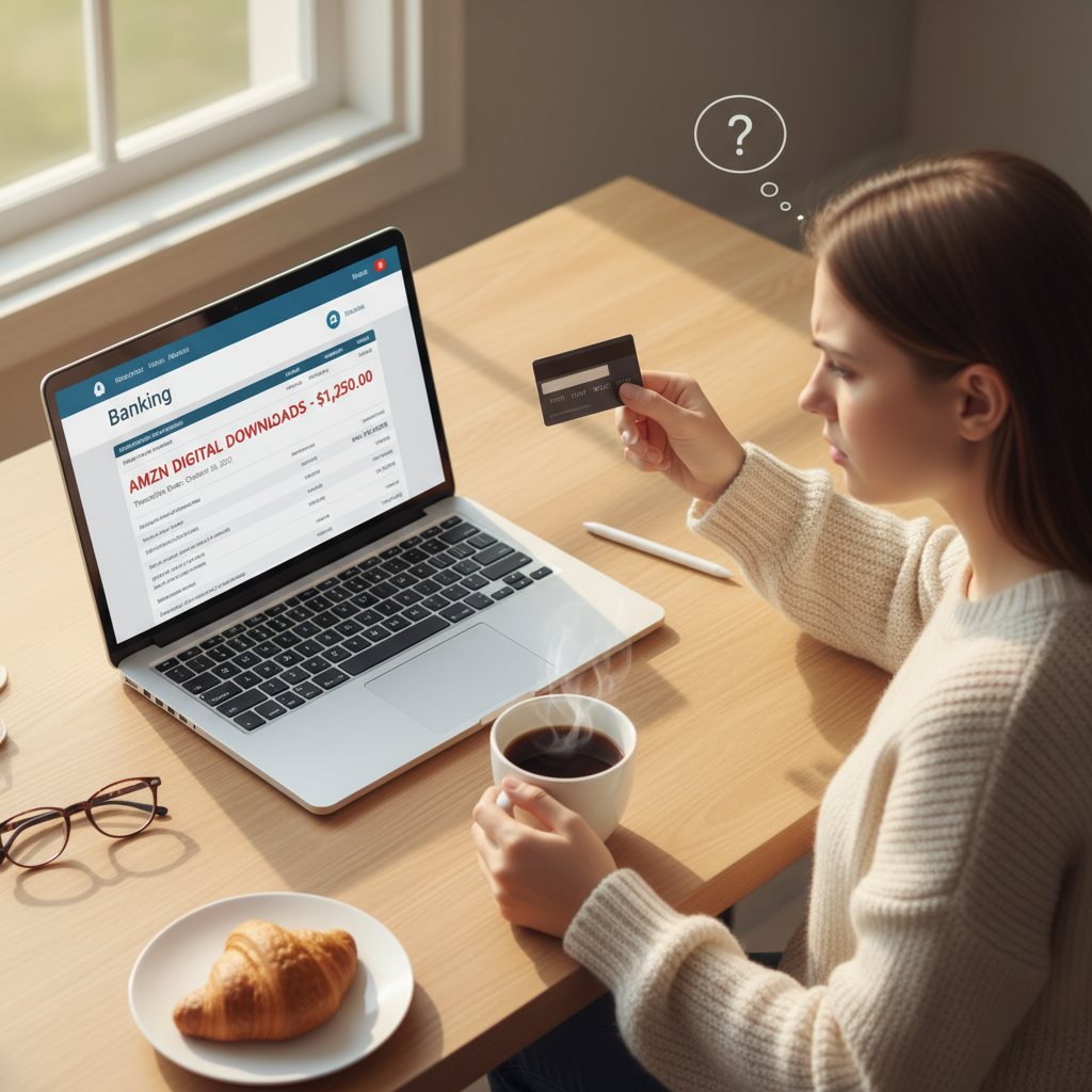 Person reviewing an online bank statement with a confusing Amazon digital downloads charge