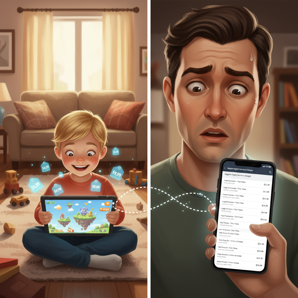 Parent checking unexpected Amazon Digital Services charges while child plays on a tablet
