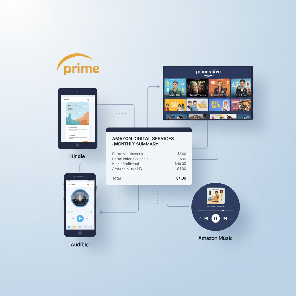 Visual collage of Amazon digital services like Prime, Kindle, Audible, and Music around a digital services statement