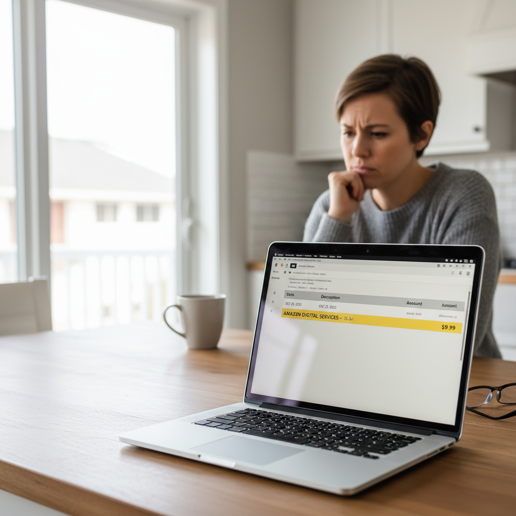 Person reviewing bank statement with Amazon Digital Services charge highlighted