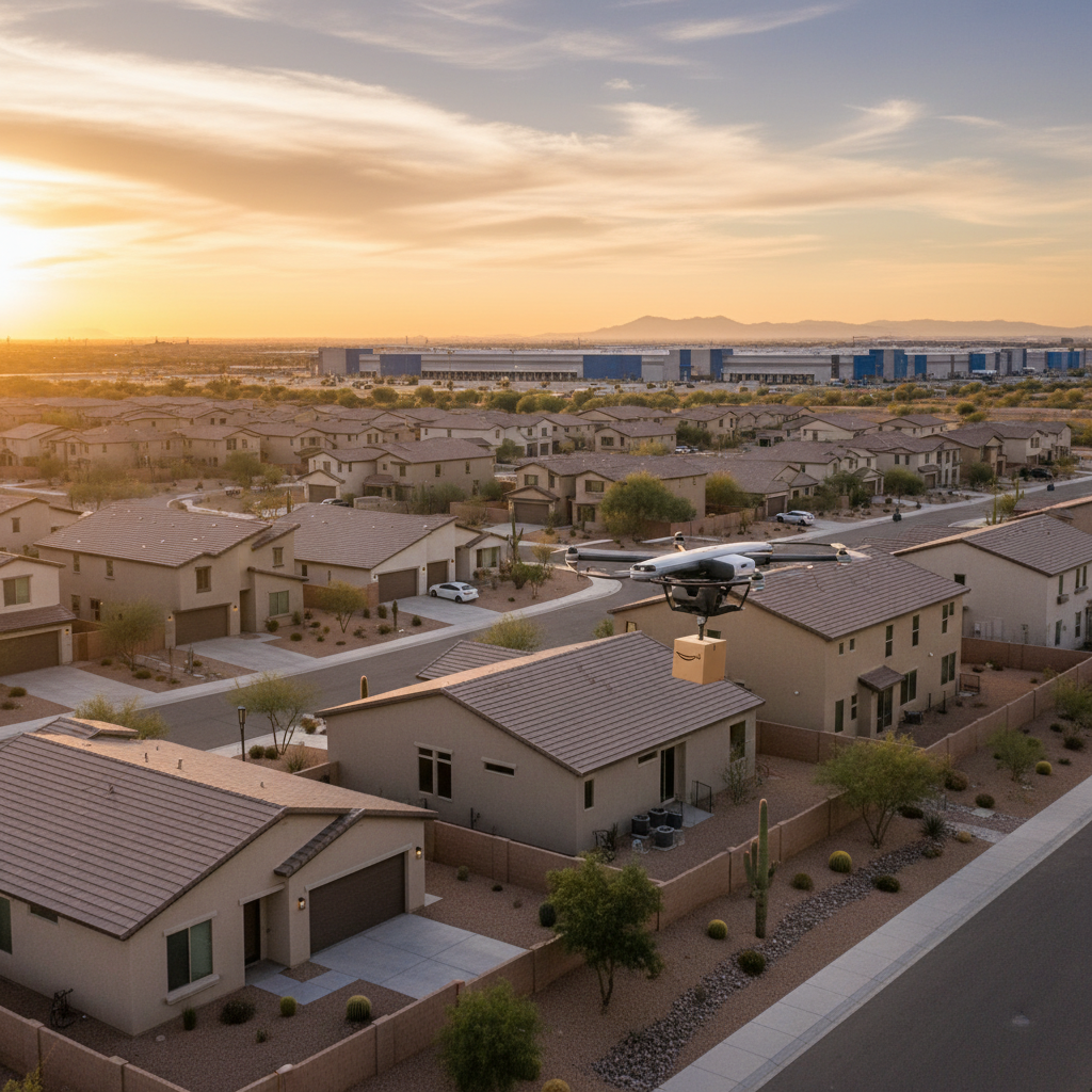 Amazon MK30 drone descending toward a Tolleson, Arizona backyard at golden hour with a same-day facility in the distance