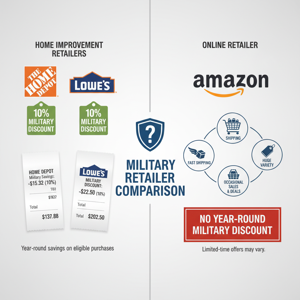 Comparison infographic showing Home Depot and Lowe’s 10% military discount next to Amazon focus on convenience without year-round military discount