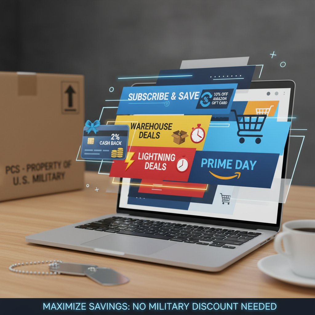 Strategic collage of Amazon savings tools like Subscribe & Save, Warehouse, Lightning Deals, Prime Day alongside cash-back cards and gift cards with subtle military life details