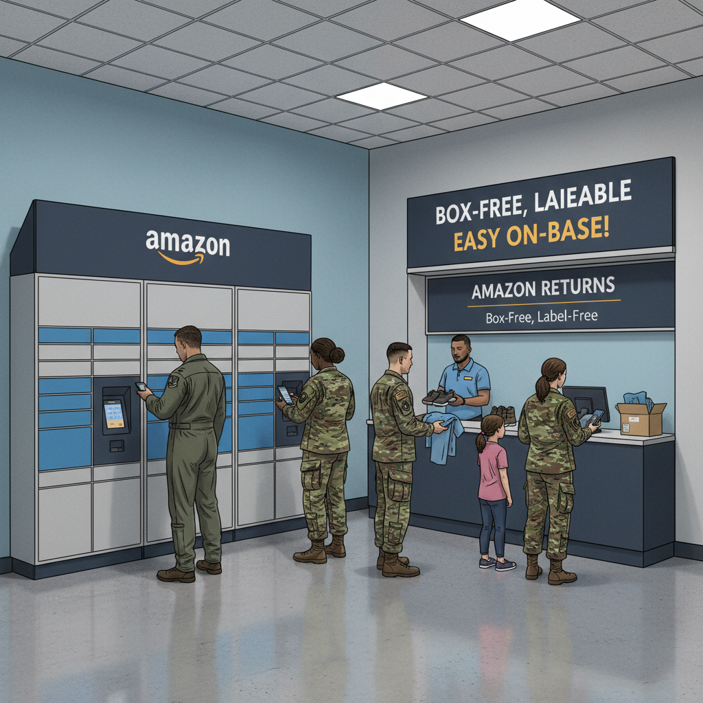 Service member in uniform in a long base exchange line checking Amazon app for a military discount