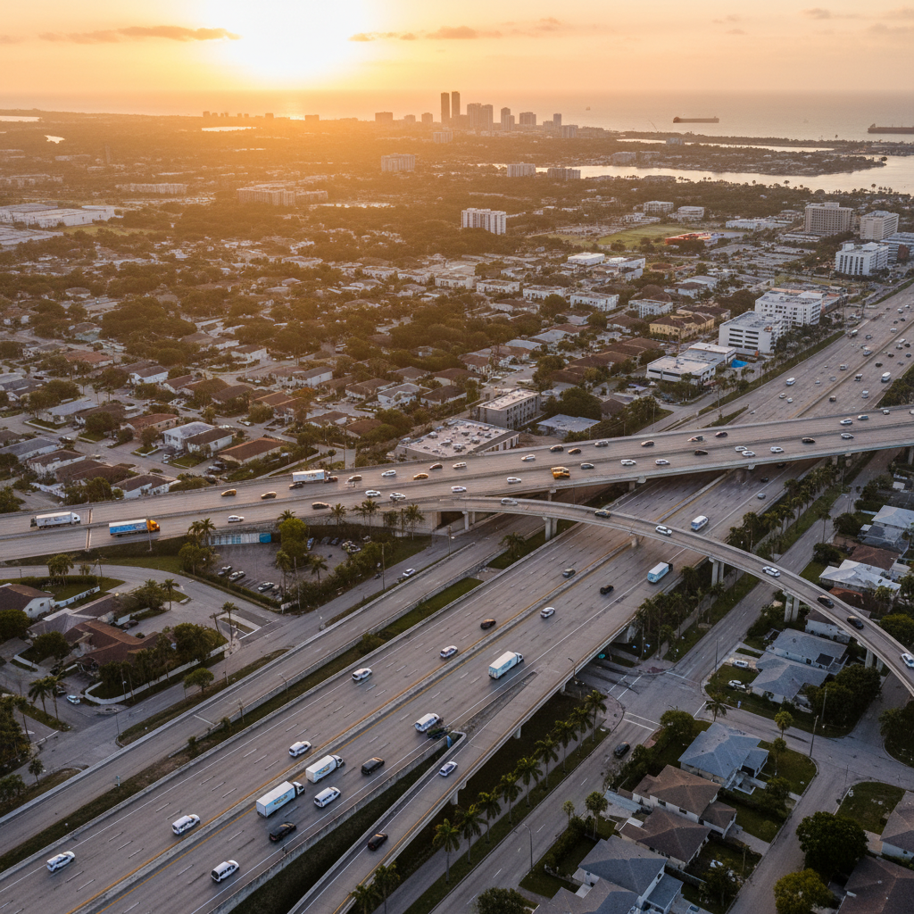 Aerial view of Miami-Dade neighborhoods and highways with multiple Amazon delivery trucks, symbolizing a hidden logistics network beneath the city