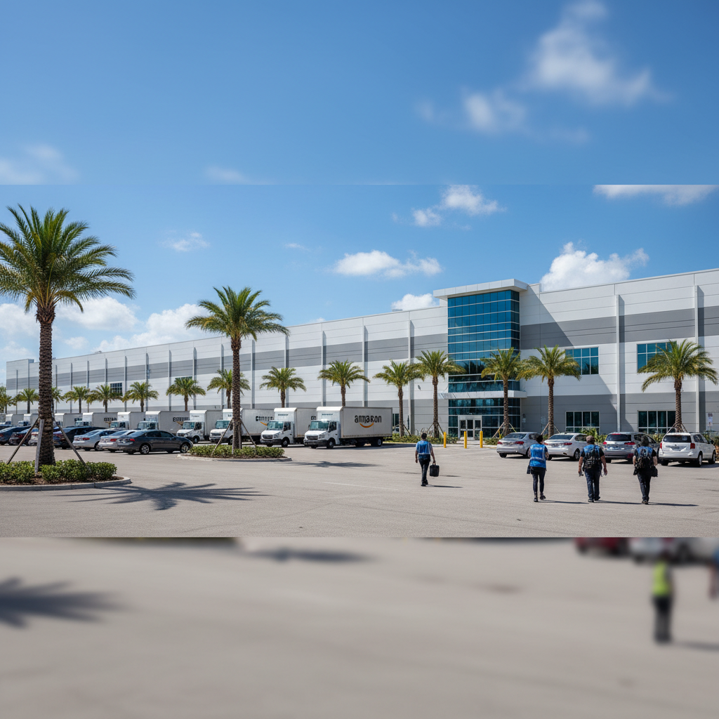 Stylized map of Miami-Dade highlighting Opa-locka, Doral, and South Dade industrial corridors with Amazon warehouses and delivery routes