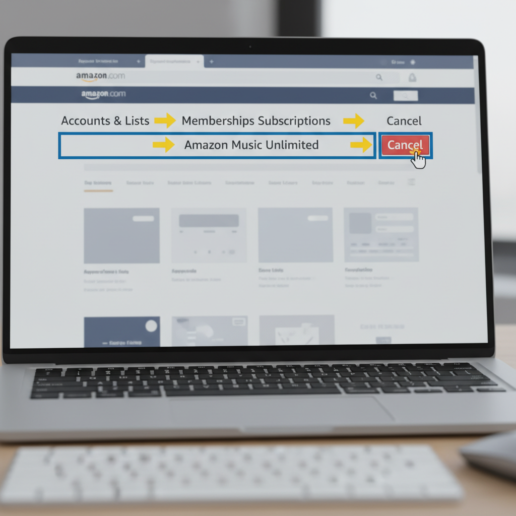 Desktop view of Amazon website showing navigation path to cancel Amazon Music Unlimited