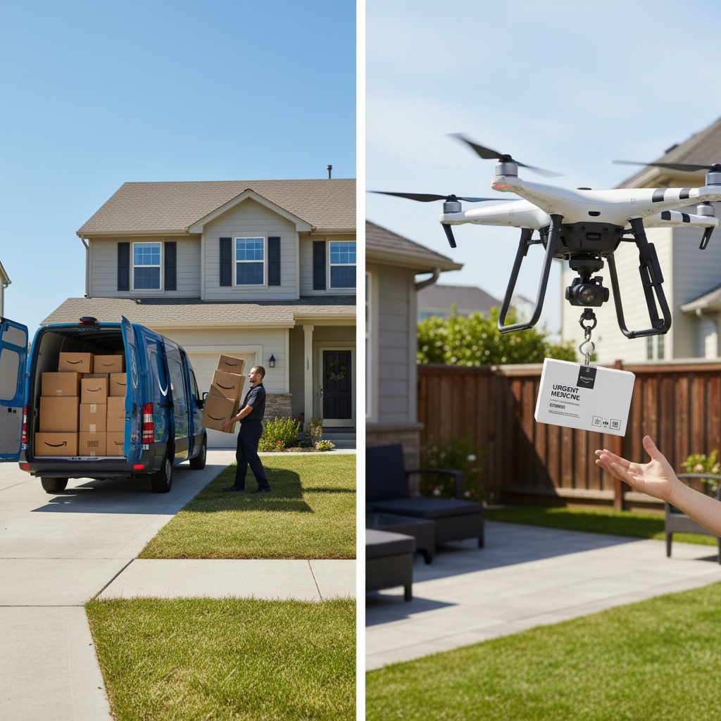 Split-screen showing a traditional Amazon van delivering large boxes and an MK30 drone delivering a single small urgent item to a backyard