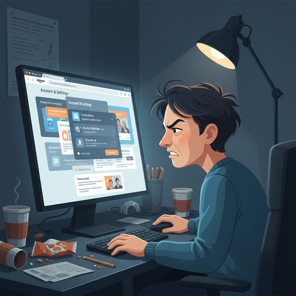 Frustrated user trying to find the cancel button on Amazon Music subscriptions page