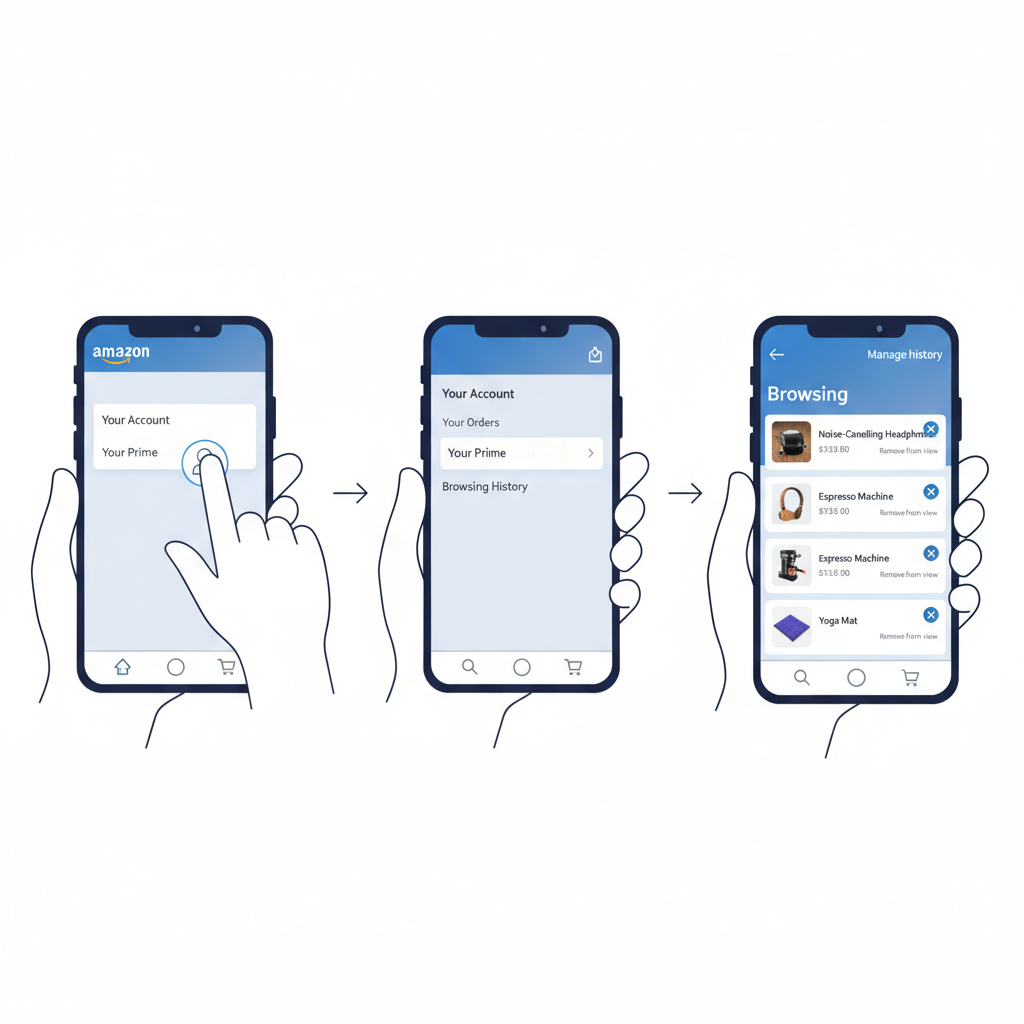 Smartphone illustration showing Amazon mobile website browsing history and manage history options