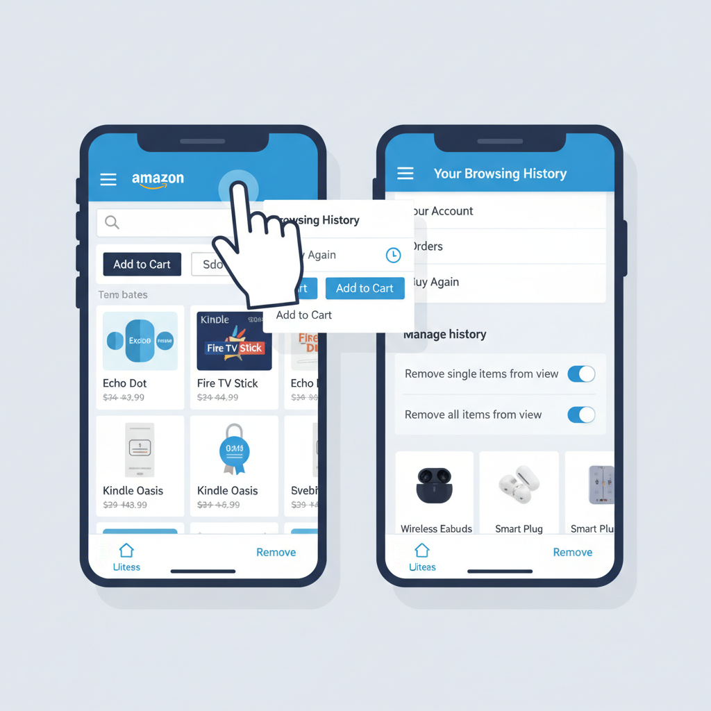 Desktop walkthrough of navigating to Amazon browsing history and removing items or all history