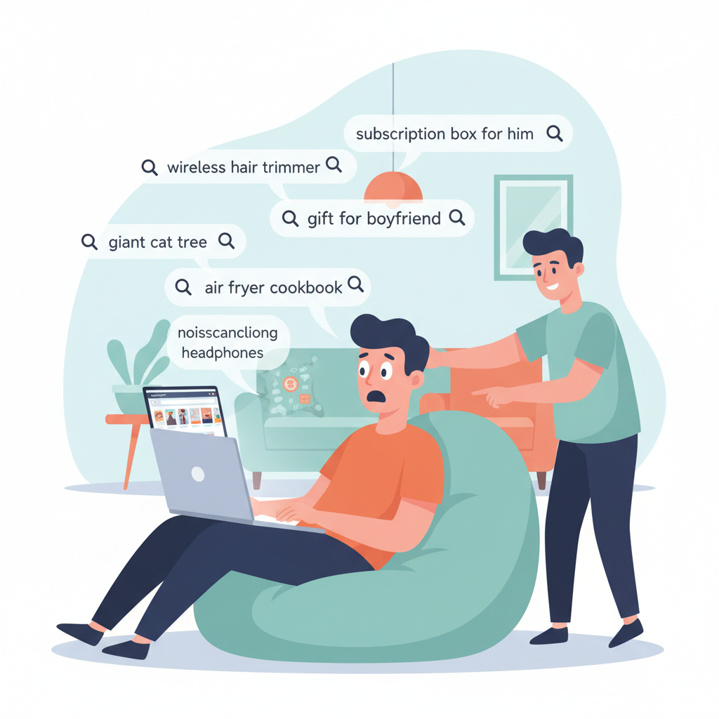 Humorous illustration of a person panicking at Amazon search history on their laptop while someone else goes to borrow it
